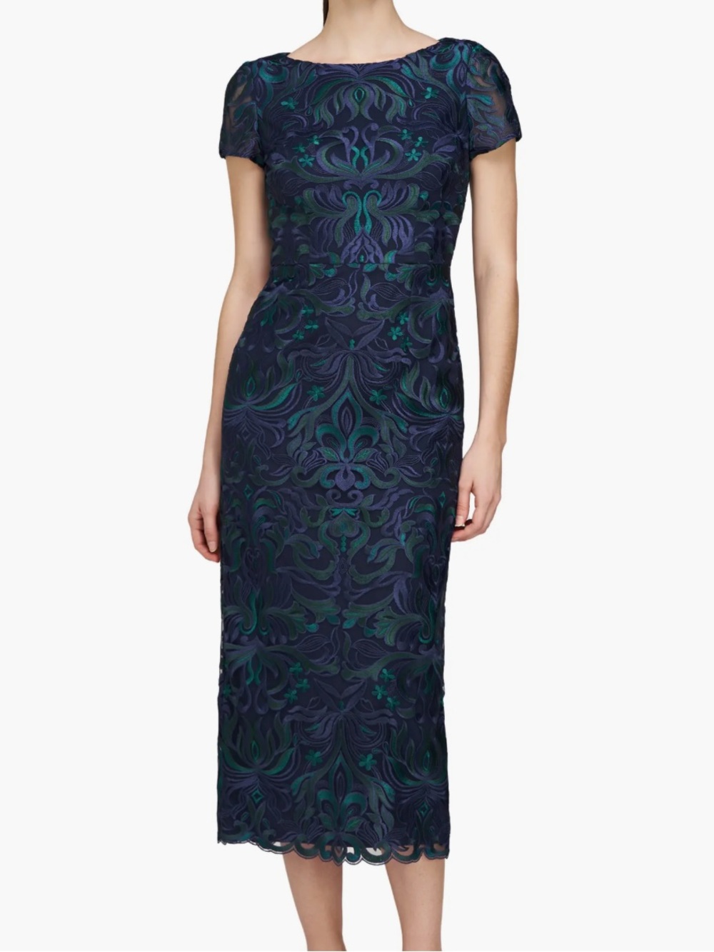 JS Collections Fallon Embroidered Column Cocktail Dress Navy Teal Lace NWT Sz 6